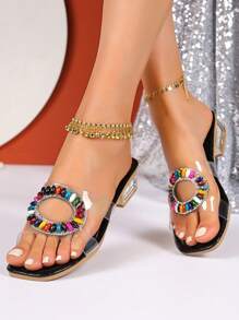 Women's Summer Faux Crystal Studded High Heel Open Toe Mule Sandals