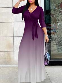Plus Size Women's Deep V-Neck Elegant Long Sleeve Dress, Printed Knit Fabric, Women Summer Vacation Outfits