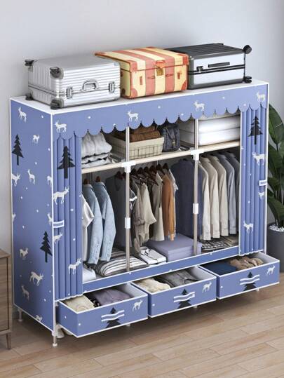 1pc Large Capacity Portable Wardrobe, Elegant Design, Easy Assembly, Steel Pipe Frame Organizer With 3 Drawers And Separate Hanging Area, Suitable For Storing Clothes And Daily Items, Applicable For Home, Room, Apartment, Bedroom, All-Season Clothing Storage Cabinet