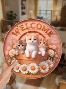 1pc Simple Cartoon Cute Cat "Welcome" Sign, Made Of High Quality Wood, Featuring Wreath Cradle And Adorable Cat Design, Versatile Wall-Mounted Decorative Hanging, Suitable For Entryway, Bedroom, Living Room Gifts Birthday Graduation