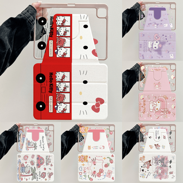 Sanrio 1 pezzo Custodia di protezione contro cadute per tablet Ipad Air4/5/6, Ipad8/9/10, Ipad Pro11 pollici, Ipad Mini4/5/6, in stile cartone animato Sanrio, con rotazione a 360°, protezione completa, con tasca per penna, accessori per tablet