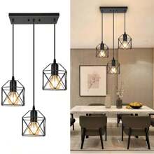 CANMEIJIA Vintage Style 3-Head Diamond Pendant Lamp, Black Color, E26/E27 Bulb Long Bar/Round Disk Hanging Light, Adjustable Length, Suitable For Home, Room, Exhibition, Reading, Dining, Bar, Bedroom, Coffee Shop, Kitchen Island - Black - View 4