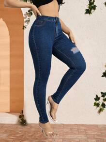 High Elastic Blue Denim Skinny Jeans Slim Fit Slant Pockets Casual Skinny Jeans Denim Jeans Women Clothing - Dusty Blue - View 3