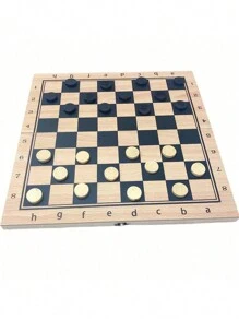 1 pieza Tablero de madera reversible para ajedrez, damas y tres en raya - 24 fichas de damas de madera entrelazables y 32 piezas estándar de ajedrez - Para edades de 14 años en adelante, para juegos familiares, ajedrez, tablero de ajedrez - Blanco y Negro - Ver 2