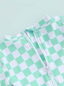 Girls Bikini Beach Swimwear Long Sleeve Checkerboard Print Ruffle Romper Bathing Suit - Verde - Ver 6