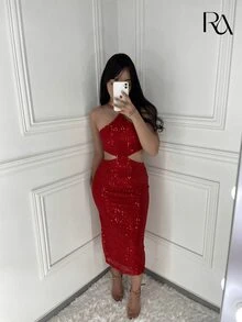 Vestido Lara | Mídi de Paetê Brilhoso Recorte Lateral Com Amarração Nas Costas - Festa, Eventos, Madrinha de Casamento, Noite, Aniversário, Dia, Verão, Primavera