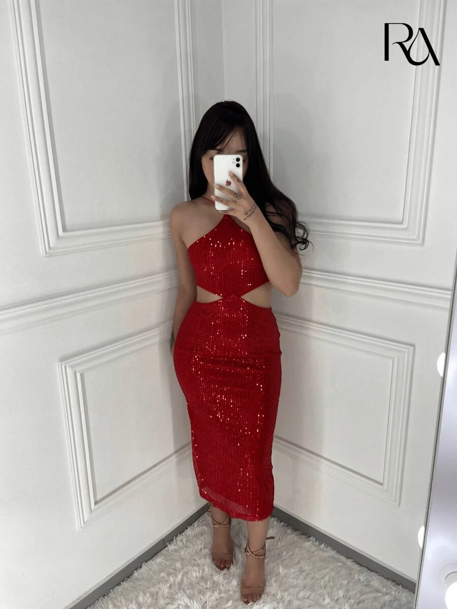 Vestido Lara | Mídi de Paetê Brilhoso Recorte Lateral Com Amarração Nas Costas - Festa, Eventos, Madrinha de Casamento, Noite, Aniversário, Dia, Verão, Primavera