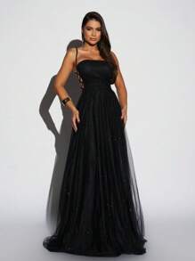 LONG WEDDING DRESS IN  TULL WITH BRAIDS AND BRAIDED SHINE - Black - View 1