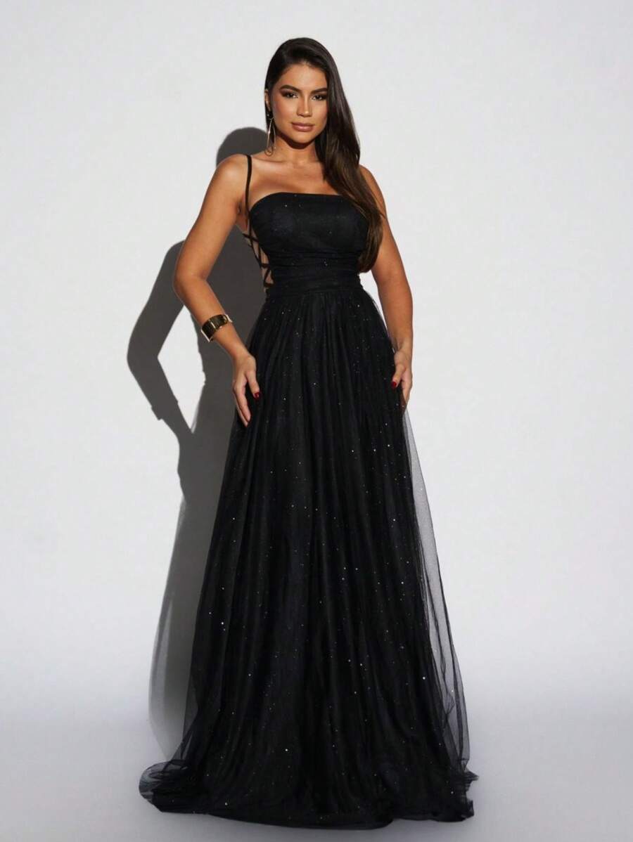 LONG WEDDING DRESS IN TULL WITH BRAIDS AND BRAIDED SHINE - Black - View 1