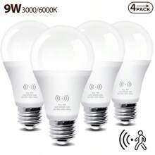 4 件装 LED 运动传感器灯泡，A19 60 瓦等效运动激活黄昏到黎明安全 LED 灯泡，节能 9W，E26 底座，自动开/关室内照明门廊、楼梯、走廊、车库、庭院，3000K 暖光/6000 白光 - 白色 - 查看 2