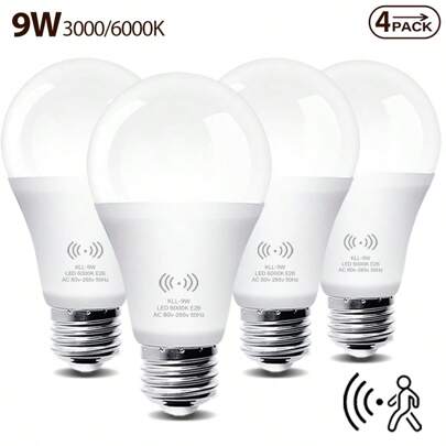 4 件装 LED 运动传感器灯泡，A19 60 瓦等效运动激活黄昏到黎明安全 LED 灯泡，节能 9W，E26 底座，自动开/关室内照明门廊、楼梯、走廊、车库、庭院，3000K 暖光/6000 白光