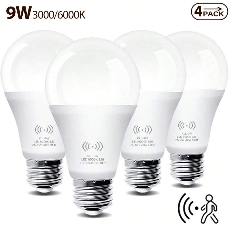 4 件装 LED 运动传感器灯泡，A19 60 瓦等效运动激活黄昏到黎明安全 LED 灯泡，节能 9W，E26 底座，自动开/关室内照明门廊、楼梯、走廊、车库、庭院，3000K 暖光/6000 白光