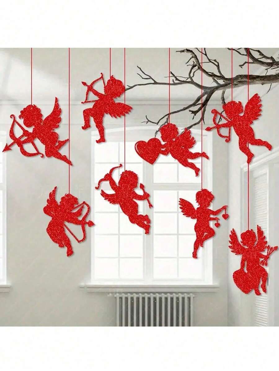 8 件/套浪漫情人节挂饰，纸丘比特挂饰，非电动爱情鸟装饰，适合婚礼和派对 - 彩色 - 查看 1