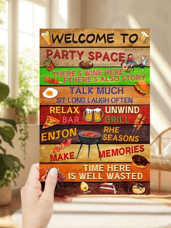 1pc Vintage Wooden Textured "Party Space" Hanging Decoration Sign, Fashionable And Elegant With Beer, Barbecue And Steak Elements, High Quality Wooden Construction, Suitable For Barbecue Restaurants, Small Pubs, Couples' Gathering Wall Decor, Multi-Purpose Use Room Decor Bedroom Decor Home Decor