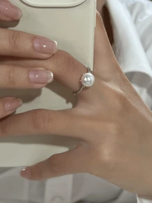 1 件时尚优雅精致女士 8 毫米圆形珍珠戒指 925 纯银独特经典浪漫迷人指环开口可调节六月诞生石珠宝适合女士女孩周年纪念礼物日常佩戴派对音乐节约会度假婚礼