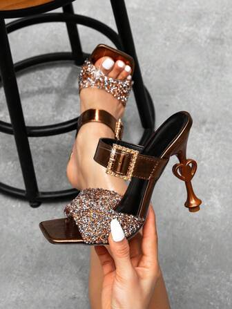 尖头时尚性感凉鞋，配水钻扣带，棕色优雅细高跟鞋，适合正式礼服、婚礼、派对、约会、春季休闲装