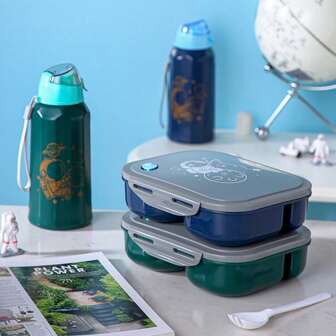 Astronaut-tecknad tryckt bento-matlåda, vattenflaska och bestick, måltidsbehållare, rektangulär bärbar matlåda med flera fack, manuell drift, ingen ström behövs, perfekt för måltider på språng, skolmaterial, picknick, fräschör, köksförvaring