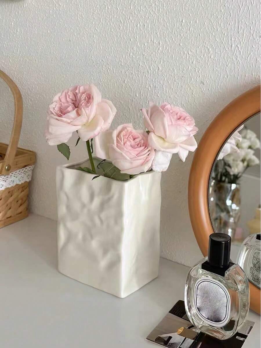 1 件白色褶皱纸袋陶瓷花瓶，独特方形宽口褶皱大花瓶，唯美简约波西米亚花瓶，适合现代时尚家居餐桌中心装饰 - 彩色 - 查看 1