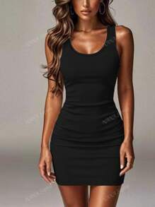 Abito estivo casual da donna, di colore uniforme, minimalista, senza maniche, aderente, canottiera, attillato, abito, outfit da spiaggia e vacanza