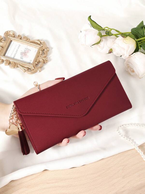 Burgundy Bag Charry Red Bag Wine Red Bag,Elegant Tri-Fold Women's Long Wallet With Tassel Pendant And Heart-Shaped Hardware, Multi-Card Slots Including Photo ID Slot For Credit Card, Bank Card, And ID Card Storage, Zipper Closure For Secure Coin And Bill Storage, Compact And Portable Design Perfect For Travel, Work, And Outdoor Activities, Great Gift For Girlfriend, Mother, Or Teacher