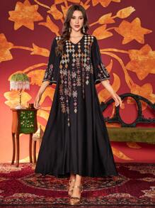 Women V-Neck Embroidery Elegant Everyday Arabic Style Dress