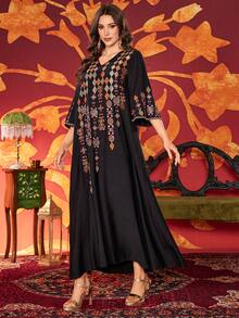 Women V-Neck Embroidery Elegant Everyday Arabic Style Dress