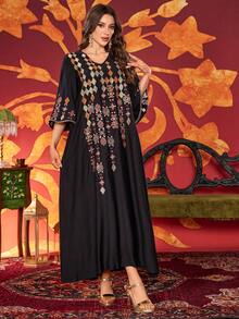 Women V-Neck Embroidery Elegant Everyday Arabic Style Dress