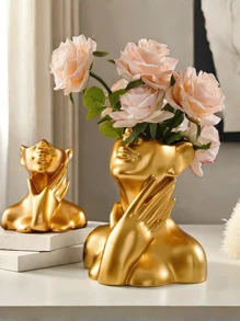 Goldfarbene keramische facettierte Vase, Vase in Halbbüste Frauenkopfform, bohemsicher Feminismus, einfache Dekoration im modernen nordischen Stil, Blumenvase geeignet für Zuhause, Wohnzimmer, Büro, Bücherregal, Dekoration, Hochzeit, Tischdekoration, Party