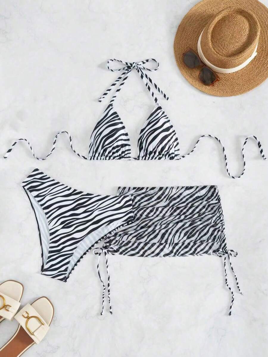 3pcs/Set Women Zebra Striped Print Bikini Swimwear With Coverup Skirt, Summer Beach Vacation - Multicolor - View 1