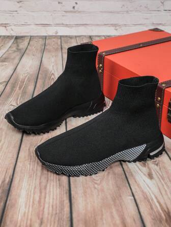 Black Fashionable Casual Soft Lightweight Slip-On Sock Shoes, Walkable Sneakers, Gift For Men