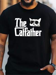 Camiseta de manga corta con estampado de gato para hombres de talla grande, cómoda y casual, con cuello redondo elástico, adecuada para actividades al aire libre de hombres. - Negro - Ver 2