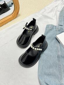 Girls Leather Shoes Fashion Loafers Toddler Lolita Style Princess Pearl Shoes, Outdoor Suitable For Spring & Autumn
