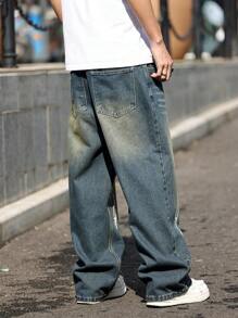 Calça Denim casual solta com bolsos com remendo de Chamas da HEHCN, Streetwear retrô baggy azul estilo Y2K