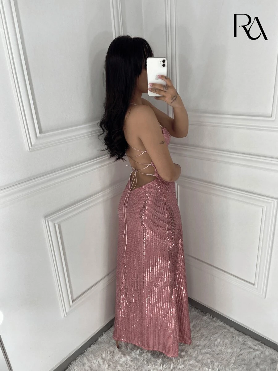 Vestido Beatrice | Longo de Paetê Brilhoso Soltinho Costas Nua Com Amarração Ajustável - Festa, Formatura, Madrinha de Casamento, Aniversário, Eventos, Noite, Dia, Verão, Primavera