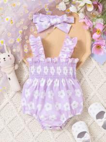 女婴紫色花朵印花吊带连体衣，春夏款