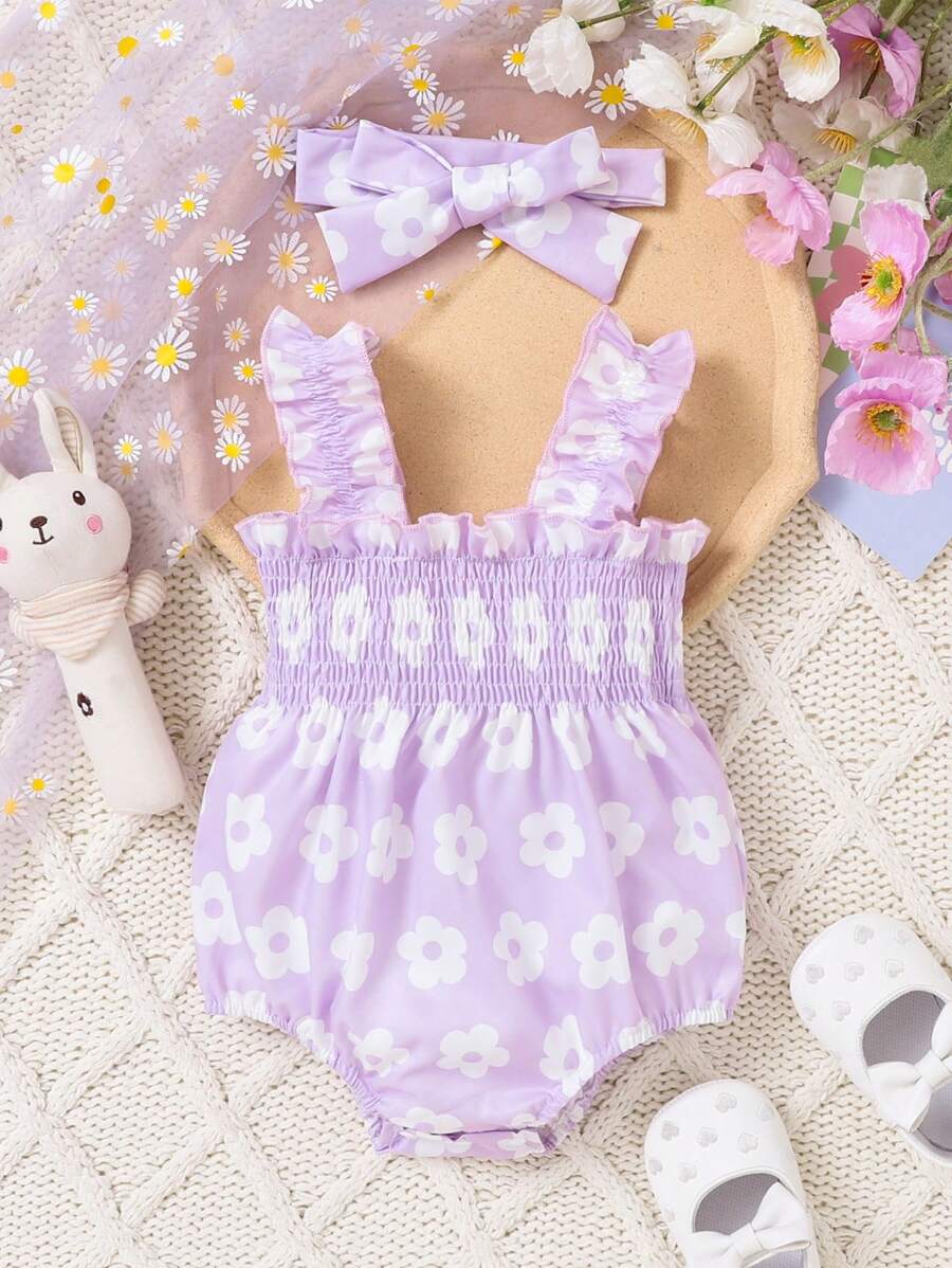 女婴紫色花朵印花吊带连体衣，春夏款