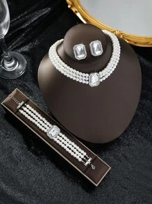 4pcs Gorgeous & Fashionable Diamond Inlaid Multi-Layer Faux Pearl Beaded Necklace Set With Faux Pearl Bracelet & Gemstone Earrings, Ladies' Elegant & Charming Wedding Jewelry Suite, Holiday Gift
