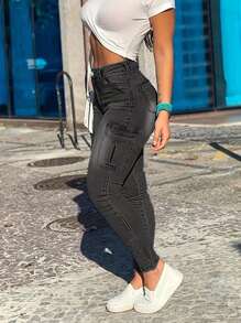 Women's Fashionable Jeans, Tight-Fitting Skinny Jeans, Built-In Zipper And Button Closure, Side Flap Pocket Design, Slim Elastic Hip-Lifting And Slimming Versatile Fashionable Jeans. - Black - View 3