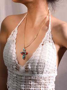 1 pièce Collier pendentif croix en cristal de turquoise de style boho occidental, perle de faux. Convient pour les vacances, les fêtes, les cadeaux et le port quotidien pour les femmes