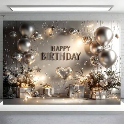 多功能生日快乐横幅 - 银色和白色气球设计，适合所有年龄段，涤纶，非常适合花园庆祝活动