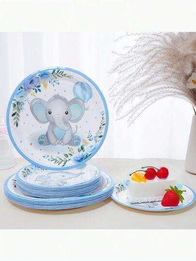 12/24 件套，一次性餐具，卡通可爱大象主题一次性纸盘，7 英寸纸盘，9 英寸纸盘，纸巾，纸杯，食品托盘，派对托盘，材质适合各种节日装饰，如午餐、下午茶、晚餐、生日派对、婚礼、新娘送礼会、招待会、派对、野餐、露营、烧烤等。