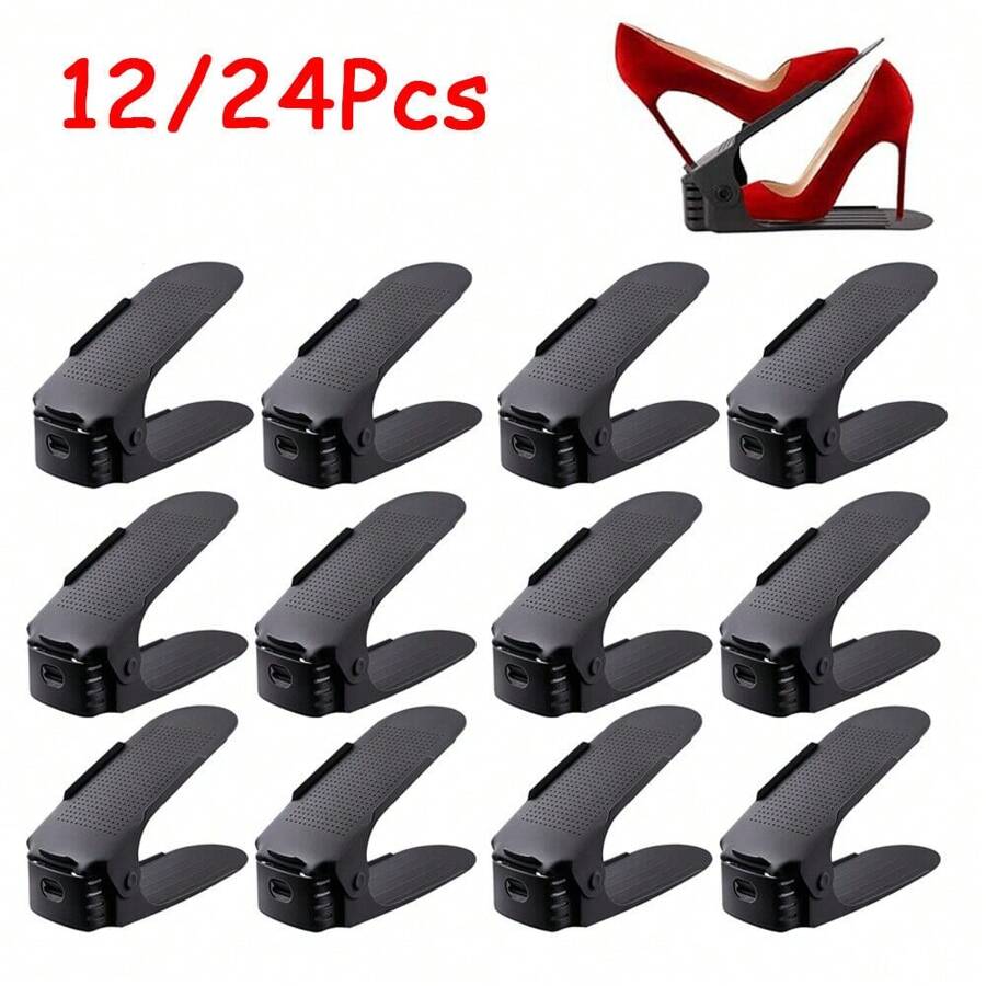12/24Pcs Shoe Slots Organizer Adjustable Shoe Stacker Space Saver Double Deck Shoe Rack Holder Shoe Stack For Closet Organization - Black - View 1