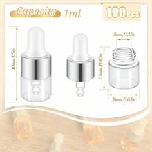100 Pcs Mini Glass Dropper Bottle Bulk Clear Essential Oil Dropper Bottles Small Glass Dropping Sample Containers Perfume Liquid Cosmetic Sample Vials With Cap For Traveling (Silver,1 Ml)