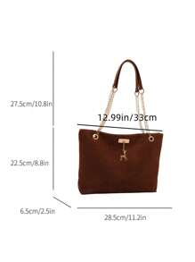 1pc Polyester Deer Pattern Decorative Large Capacity Zipper Shoulder Tote Bag, Suitable For Women's Daily Use - Coffee Brown - View 6