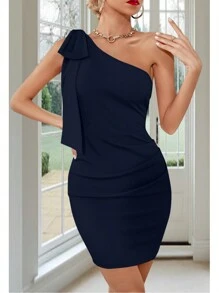 Short Women's Dress With An Asymmetric Neckline And A Bow On The Shoulder, Moroni Model, Maria Bela Brand - 海軍藍 - 查看 1