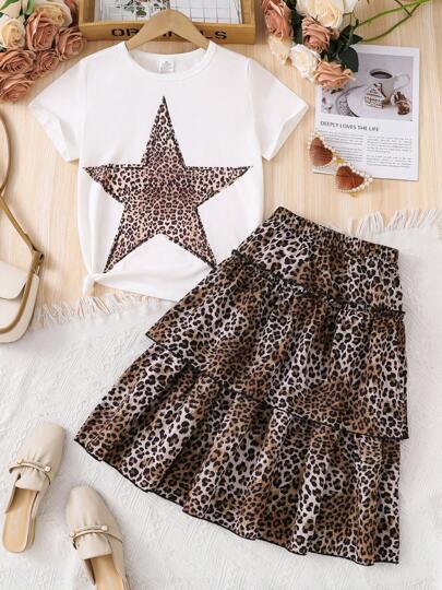 Tween Girl 2pcs Set Vintage Star Graphic T-Shirt + Leopard Print Skirt Casual Tops Sports Outdoor School Trip Summer Outfit