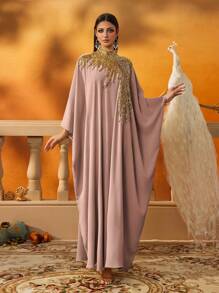 AmazingHoney Elegant Pink Loose-Fit Kaftan Dress With Gold Sequin Embellishments, Party Modest Abaya, Formal Muslim Dress, Evening Gown, Abaya Dress (Loose Fit– Please Check Size Chart) - Pink - View 6