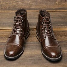 Men's Vintage-Inspired Ankle Boots In Red Brown - Casual Lace-Up With Rubber Sole, Faux Leather For All Seasons - Coffee Brown - View 8