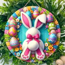 Corona vintage de conejo de Pascua, decoración circular de pared de madera, decoración multifuncional para el hogar y el recibidor, idea de regalo para días festivos, hecho de madera, sin requisitos de electricidad, sin plumas - Multicolor - Ver 3