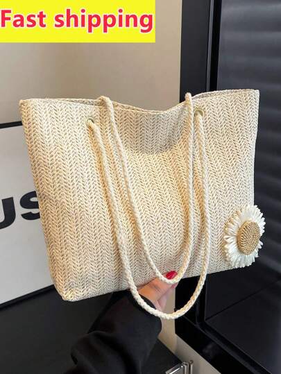 女士百搭纯色草编托特包，时尚大容量编织腋下包，波西米亚风格小雏菊装饰单肩包，轻便日常通勤购物沙滩包，精致夏季旅行度假手提包，时尚夏季度假包